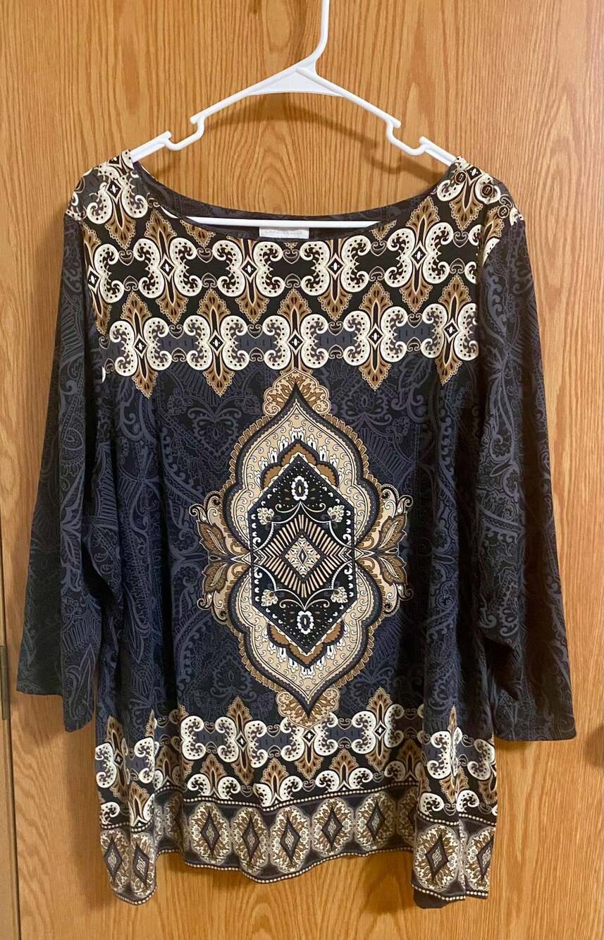 Charter Club 3X Black Brown Paisley Print 3/4 Sleeve Boat Neck w/Button Accent